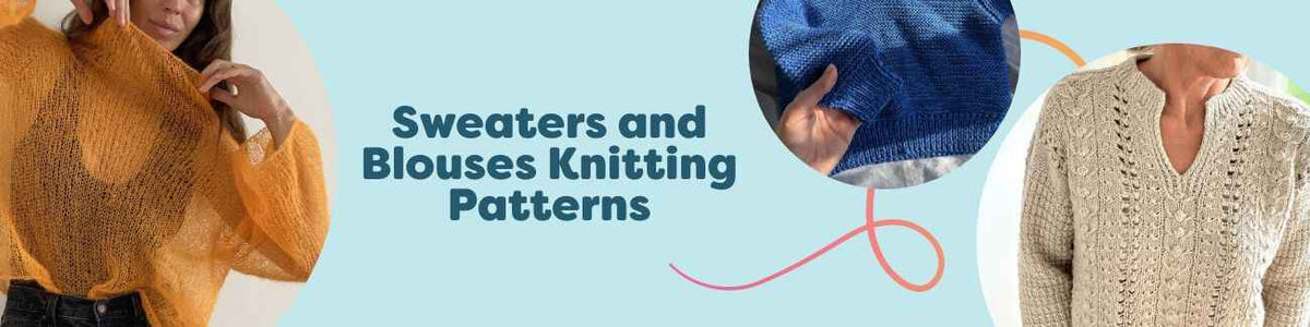 Assorted knitted sweaters, blouses, and baby pullovers from Hobbii patterns, styled with soft yarn skeins and needles on a neutral backdrop.