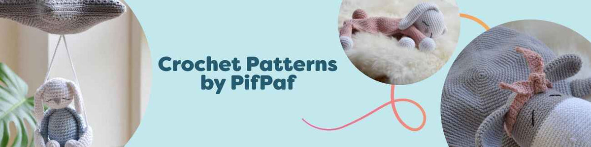 Assorted PifPaf crochet patterns—baby comforters, dolls, and a mobile—styled with Hobbii yarn.