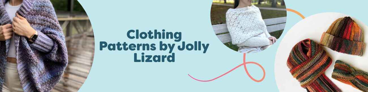 Jolly Lizard clothing crochet patterns: cocoon cardigan, bolero, and sweater scarves in soft neutrals, styled with Hobbii yarn and crochet hooks.