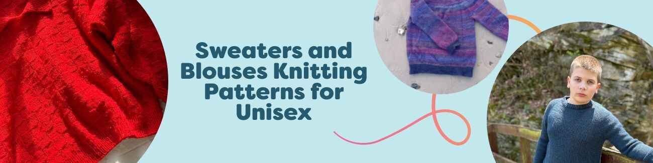 Selection of unisex knitted sweaters, blouses, hoodies, and pullovers made with Hobbii yarn, shown on models and flat lays in neutral and bright tones.