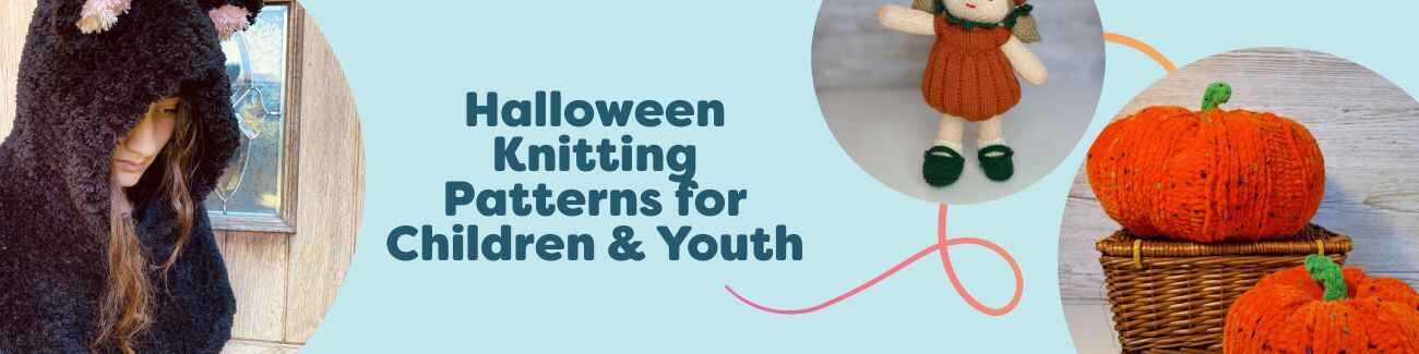 Kids’ Halloween knitting patterns from Hobbii: hooded cat cape, spider mitts, and pumpkin decorations in orange, black, and tweed yarns.