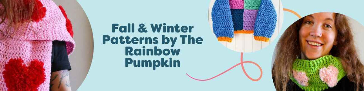 Assortment of fall and winter patterns by The Rainbow Pumpkin with a Juliet scarf, Juliet snood, and a patchwork children’s sweater in cozy yarns.