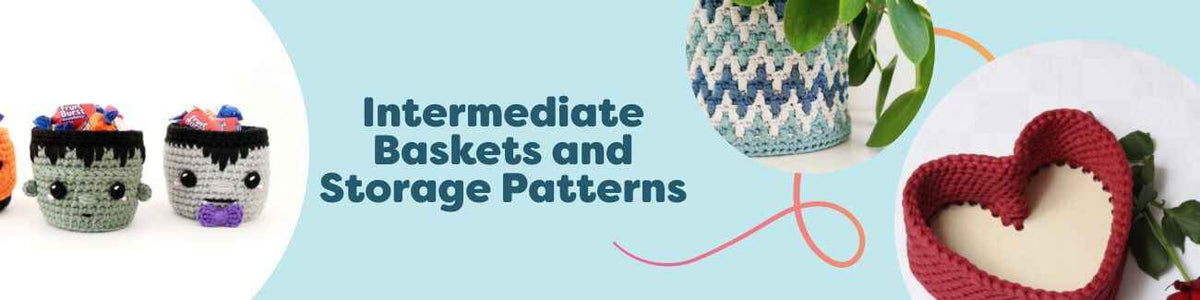 Intermediate crochet basket and storage patterns from Hobbii: zigzag textures, heart-shaped basket, rainbow mini bin, neutral organizer on a shelf.
