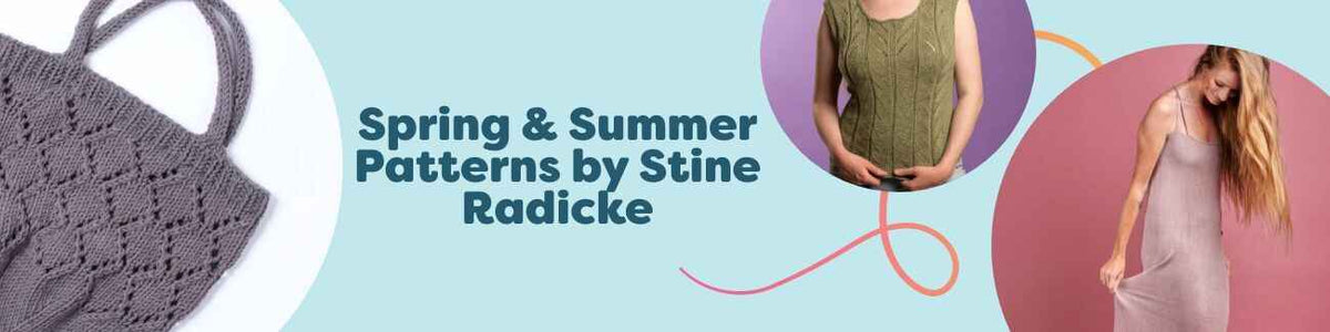 Spring and summer knit and crochet patterns by Stine Radicke for Hobbii, featuring beach bags, light tops, and a dress in bright seasonal colors.