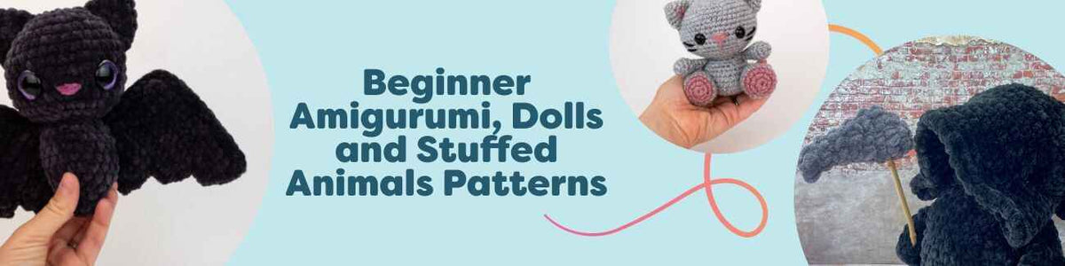 Group of beginner-friendly amigurumi crochet dolls and stuffed animals made with Hobbii yarns, including a kitten, bat, otters, and a pink flamingo.