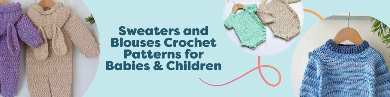 Assortment of baby and kids crochet sweaters, jumpers, rompers, and blouses from Hobbii, with bobble textures, herringbone details, and cute animal motifs.