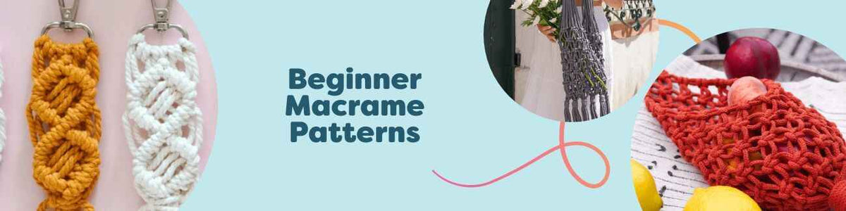 Collection image featuring beginner macrame patterns from Hobbii: a knotted key hanger, an open-mesh market tote, and a fruit net made with soft cotton cord.