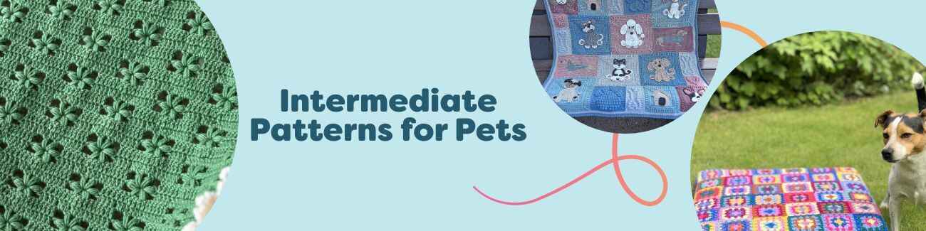 Intermediate pet patterns: crochet blankets, a dog sweater, and a cozy dog bed made with soft Hobbii yarns.