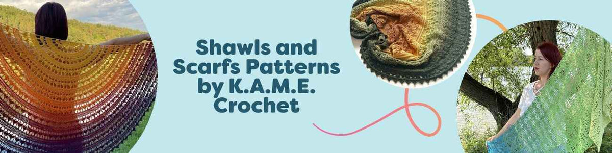 Assorted crocheted shawls, scarves, and cowls in varied shapes and stitches, showcasing K.A.M.E. Crochet patterns with Hobbii yarns.