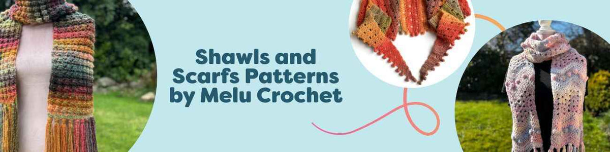 A curated grid of Melu Crochet shawl, scarf, and wrap patterns made with Hobbii yarns—lacy and textured designs in soft, seasonal colors.