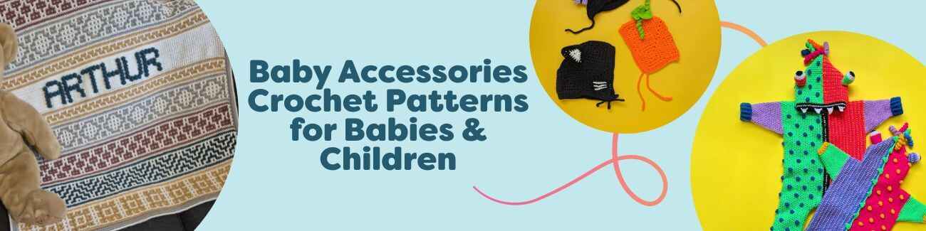 Crocheted baby accessories—blankets, bonnets, rompers and small gifts—in soft, colorful yarns; free patterns for babies and children by Hobbii.