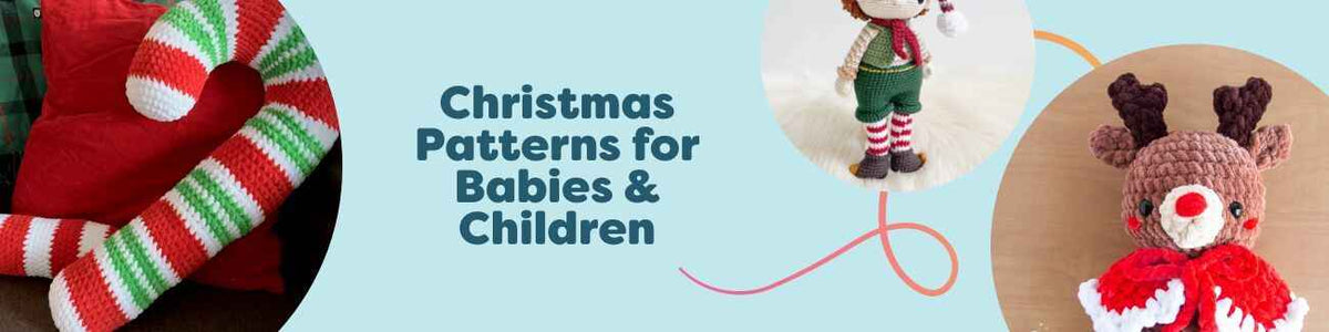 Christmas knitting and crochet patterns for babies and children, including elves, reindeer, hats, and plush toys by Hobbii.