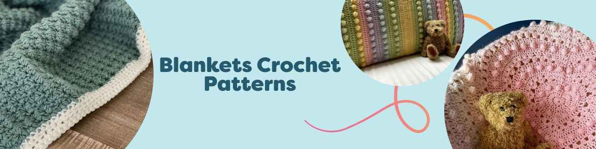 A curated selection of crochet blanket patterns from Hobbii featuring baby blankets, colorful stripes, heart motifs, and textured waves alongside soft yarn.