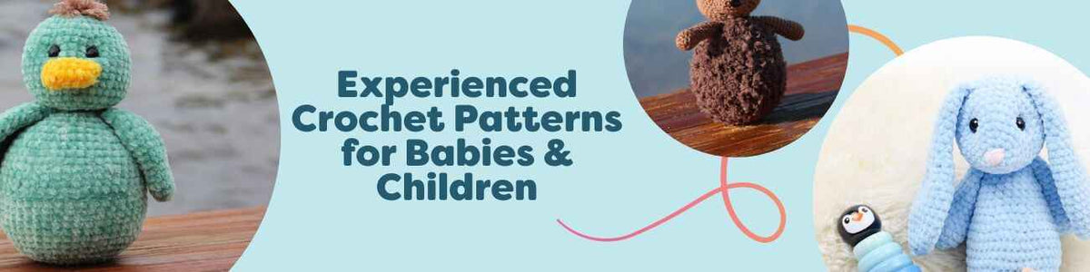 Collection of intermediate crochet patterns for babies and children featuring amigurumi bunnies and dinosaurs, cozy accessories, and PDF patterns by Hobbii.