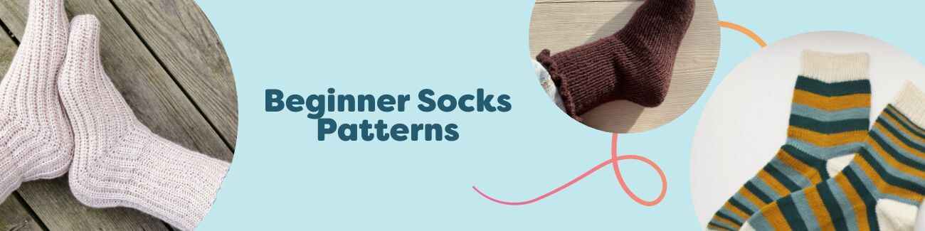 Assortment of beginner-friendly knit and crochet socks in neutral and bright colors—ribbed, ruffle, and slipper styles—styled flat with Hobbii yarn, needles, and hooks.
