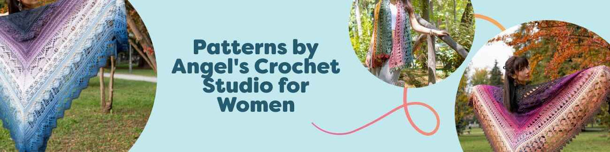 Collection image of women's crochet patterns by Angel's Crochet Studio, featuring shawls, wraps, and garments available from Hobbii.