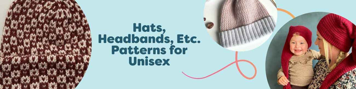Unisex knit and crochet beanies, hats, and headbands from Hobbii, shown with yarn skeins plus needles and hooks on a neutral background.