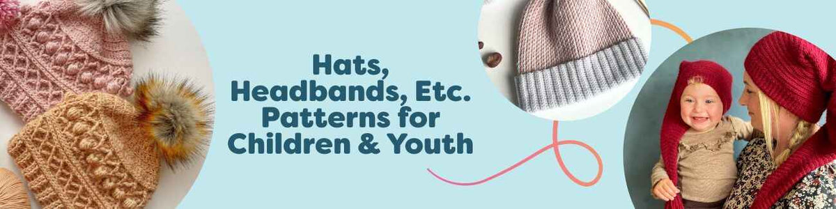Assorted children and youth beanies, hats, and headbands in colorful yarns, showing knit and crochet pattern options from Hobbii.