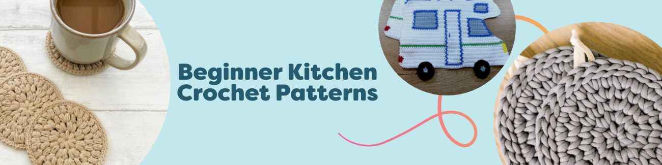 Beginner kitchen crochet patterns from Hobbii featuring easy coasters, potholders, trivets and towels made with durable cotton yarn.