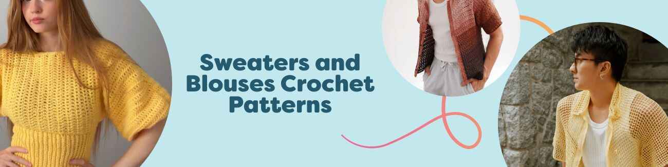 Assortment of free crochet sweaters, blouses, shirts, and tops from Hobbii in various colors, displayed on mannequins and flat lays.