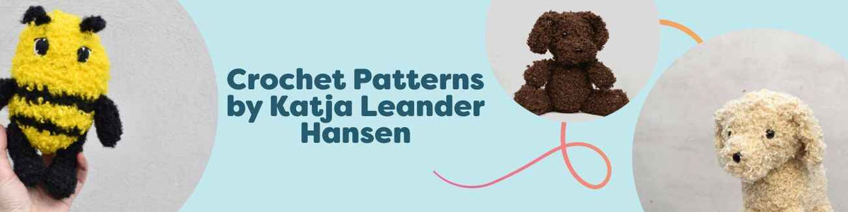 Collage of free crochet patterns by Katja Leander Hansen for Hobbii: Cavapoo, Doodle Dog, Muffin the Pug, Splashy the Frog, Brumbassen Berta, and more amigurumi projects.