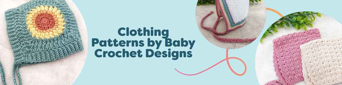 Collage of free baby crochet bonnets and a rainbow kids cardigan from Baby Crochet Designs, made with soft Hobbii yarns