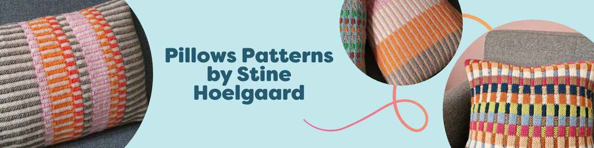 Collection of Stine Hoelgaard crocheted pillow patterns from Hobbii, featuring colorful geometric cushion covers suited to intermediate crocheters.