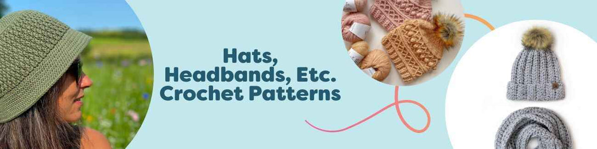 Assortment of crocheted bucket hats, beanies, headbands, and ear warmers in varied stitches and colors, made with Hobbii yarn—pattern samples on models.