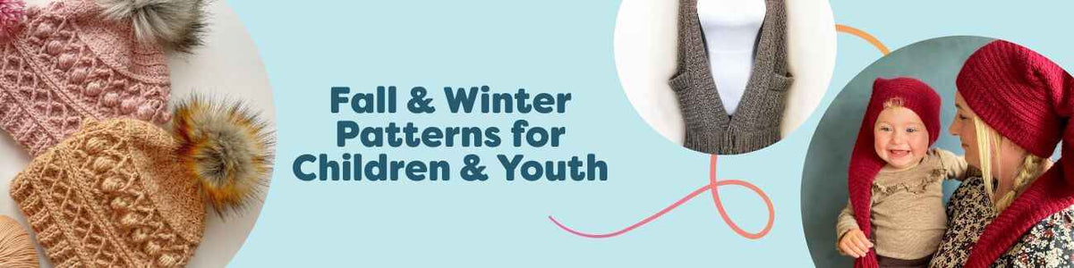 Cozy fall and winter knit and crochet patterns for children and youth from Hobbii: beanies, ponchos, shawls, scarves, and festive hats.