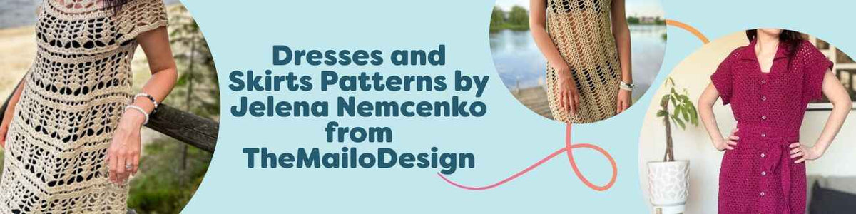 Models wearing handmade crochet dresses from TheMailoDesign by Jelena Nemcenko—Sicilia, Afelia Beach Dress, and Aurora—styled with Hobbii yarns.