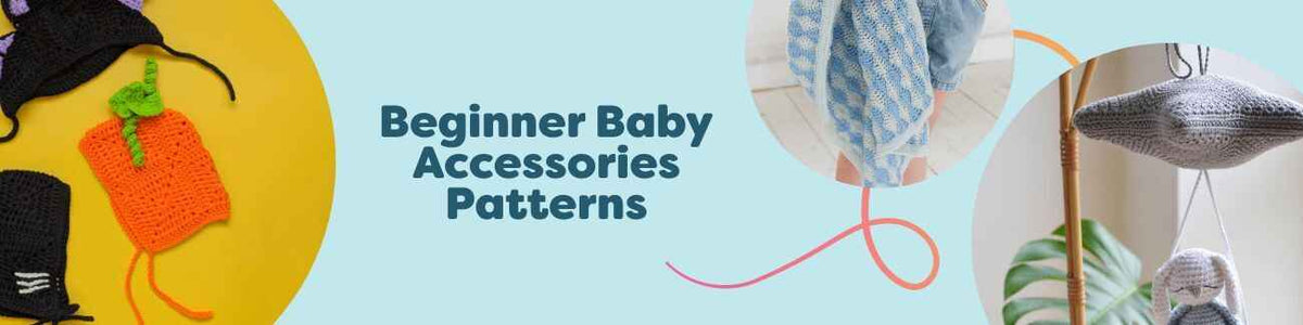 Free beginner baby accessories patterns from Hobbii: bonnets, baby blanket, mobile, nursery rug, and sensory toy styled with soft pastel yarns.