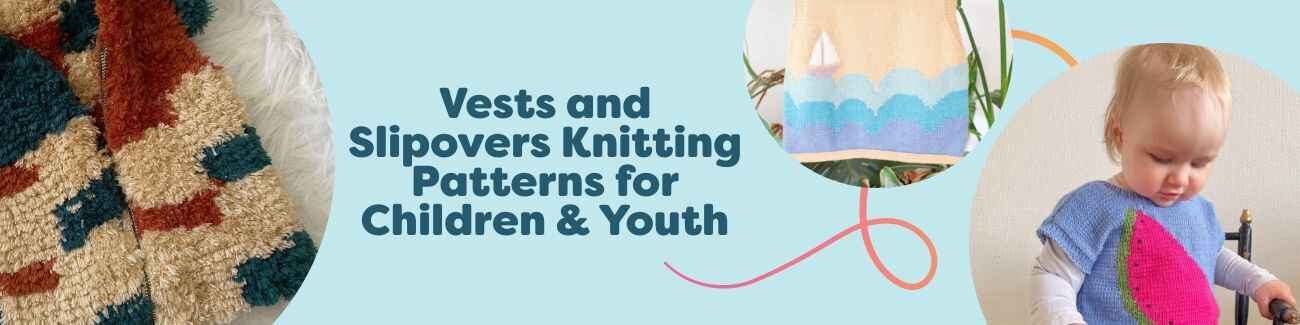 Collection image showing free children's vest and slipover knitting patterns from Hobbii - colorful, textured kids' knitwear in sizes 2–14 layered over tees.