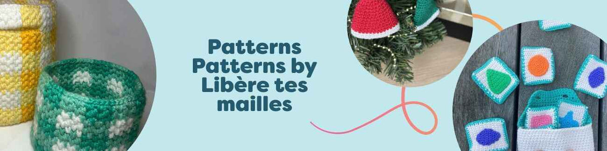 Assorted Libère tes mailles crochet and knit patterns from Hobbii, featuring baskets, coasters, ornaments, and game-inspired designs.