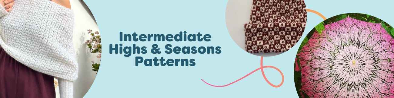 Assorted intermediate crochet and knitting patterns from Hobbii, featuring seasonal shawls, beanies, cardigans, and accessories in colorful yarns.