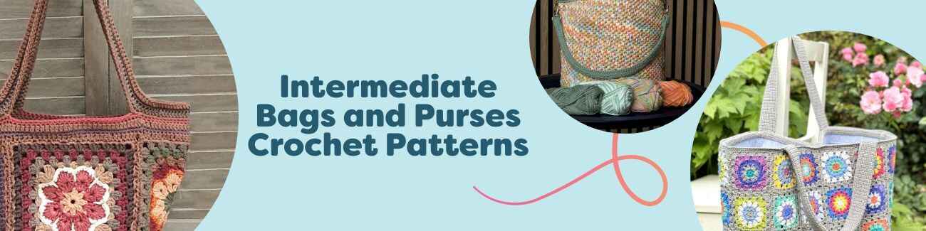 Assorted handmade crochet bags and purses for intermediate makers: granny-square tote, striped shoulder bag, textured crossbody in Hobbii yarns.