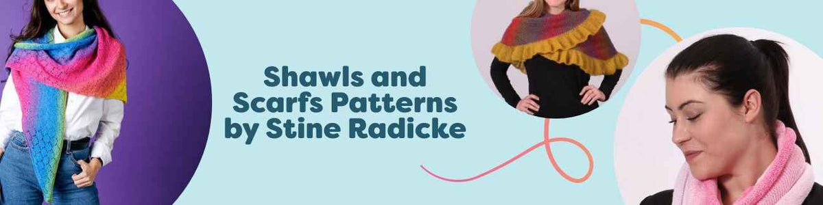 Assortment of knitted and crocheted shawls and scarves by Stine Radicke for Hobbii, styled in soft yarns.