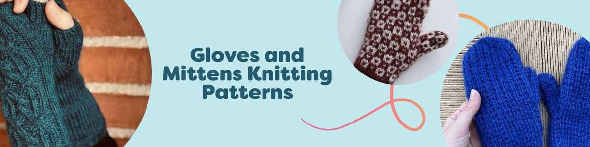 Assorted hand-knit gloves, mittens, and wrist warmers in cozy yarns with ribbing, colorwork, and cable textures from Hobbii knitting patterns.
