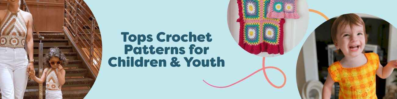Assorted crochet tops for children and youth from Hobbii, including peplum and tee styles in bright yarn colors, photographed together on a neutral background.