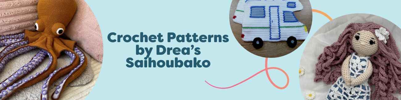 Collage of Drea’s Saihoubako crochet patterns at Hobbii, featuring an amigurumi octopus, zodiac motifs, graphic potholders, and a diamond rug.