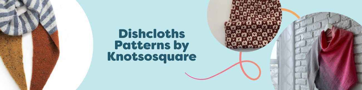 Stack of colorful crochet dishcloths with modern textures, made in soft cotton yarn by Knotsosquare, styled with a crochet hook and Hobbii yarn skeins.
