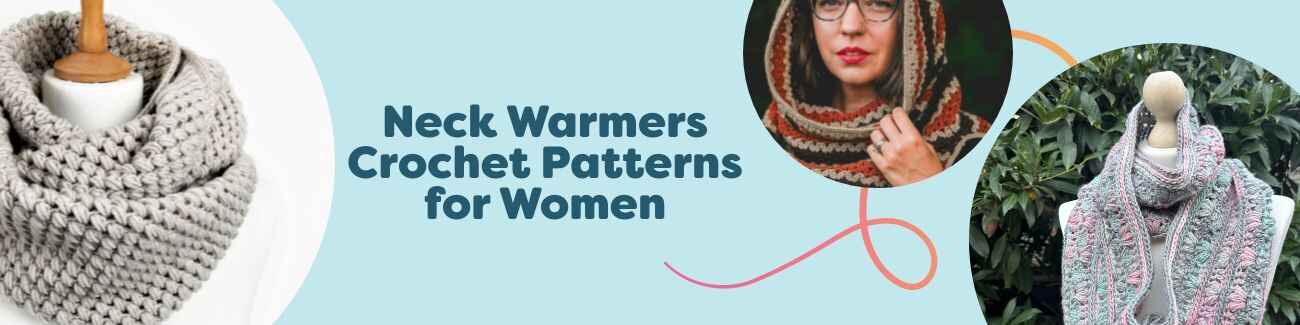 Women wearing crochet neck warmers: cowls, snoods, and infinity scarves, made with Hobbii yarn.