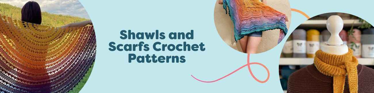 Crochet shawls and scarves from Hobbii shown in assorted stitches, colors, and shapes, ideal for beginner to intermediate crocheters.