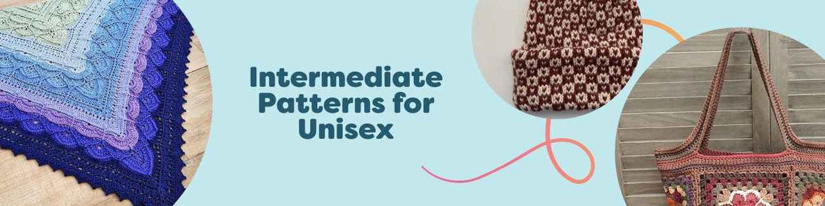 Collage of unisex intermediate crochet patterns—shawls, beanies, hoodies, and bags—in modern colors from Hobbii.