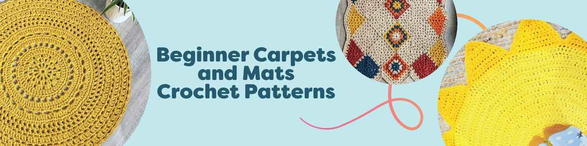 A selection of beginner-friendly crochet rugs, carpets, and mats from Hobbii in a cozy home setting, featuring a sunny doormat and a soft floor rug.