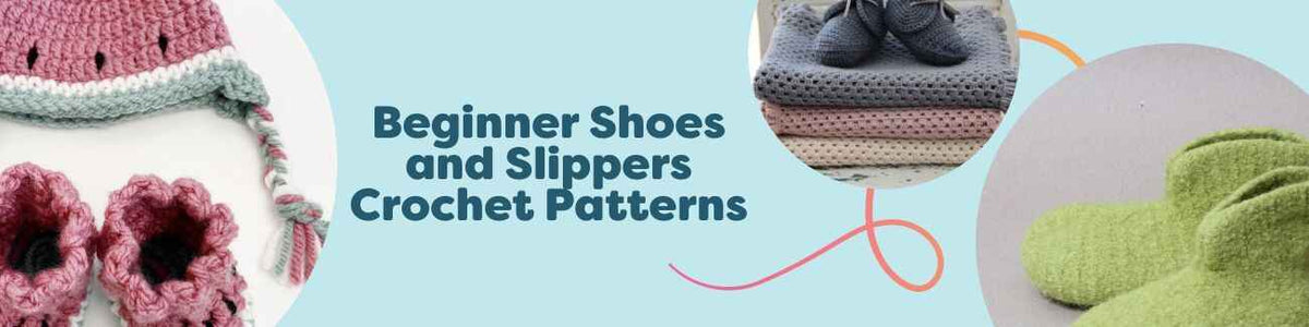 Selection of beginner-friendly crochet patterns for baby shoes and slippers, styled with soft Hobbii yarns and finished pairs in neutral and pastel tones.