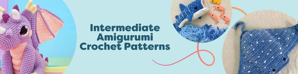 Assortment of intermediate amigurumi crochet patterns from Hobbii, featuring a dragon, whale shark, stingray, tarantula, and armadillo plush toys.