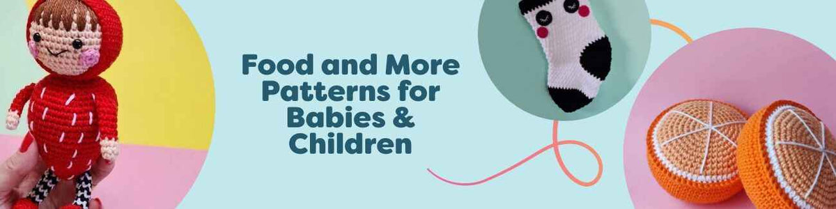Free Hobbii crochet patterns for babies and children featuring play food fruits, amigurumi toys, and a panda Christmas stocking.