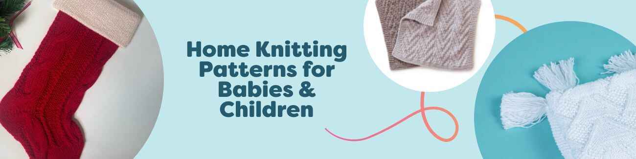 Assorted baby and children home knitting patterns from Hobbii, featuring blankets, swaddles, washcloths, and holiday stockings in soft yarns.