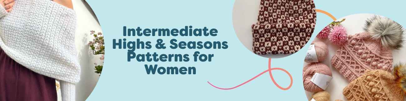 Hobbii collection of intermediate women's patterns: shawl, beanies, cardigan, and sweater in seasonal colors with matching yarns