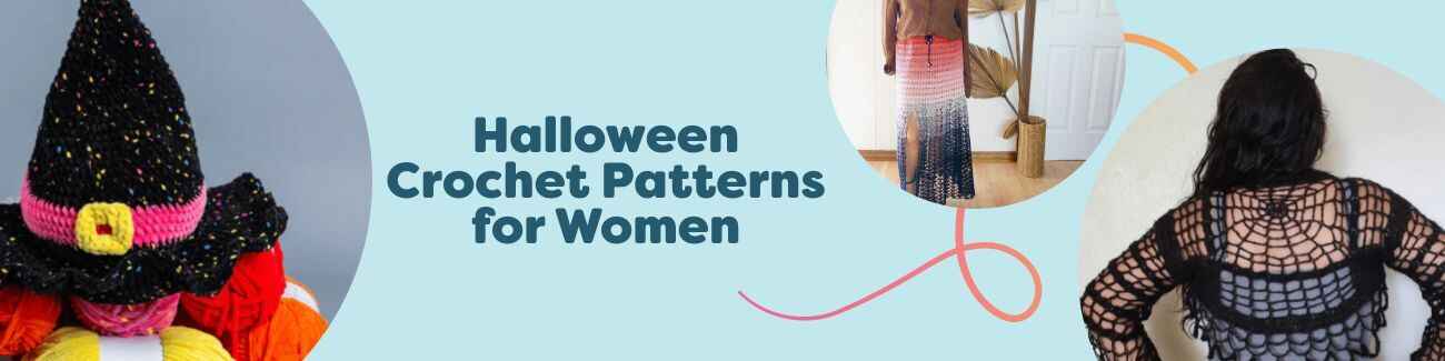Halloween crochet patterns for women: plush witch hat, witch skirt, and cobweb shrug in spooky black and purple, styled on female models.